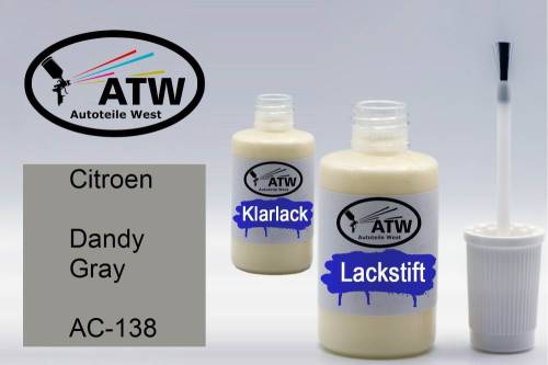 Citroen, Dandy Gray, AC-138: 20ml Lackstift + 20ml Klarlack - Set, von ATW Autoteile West.